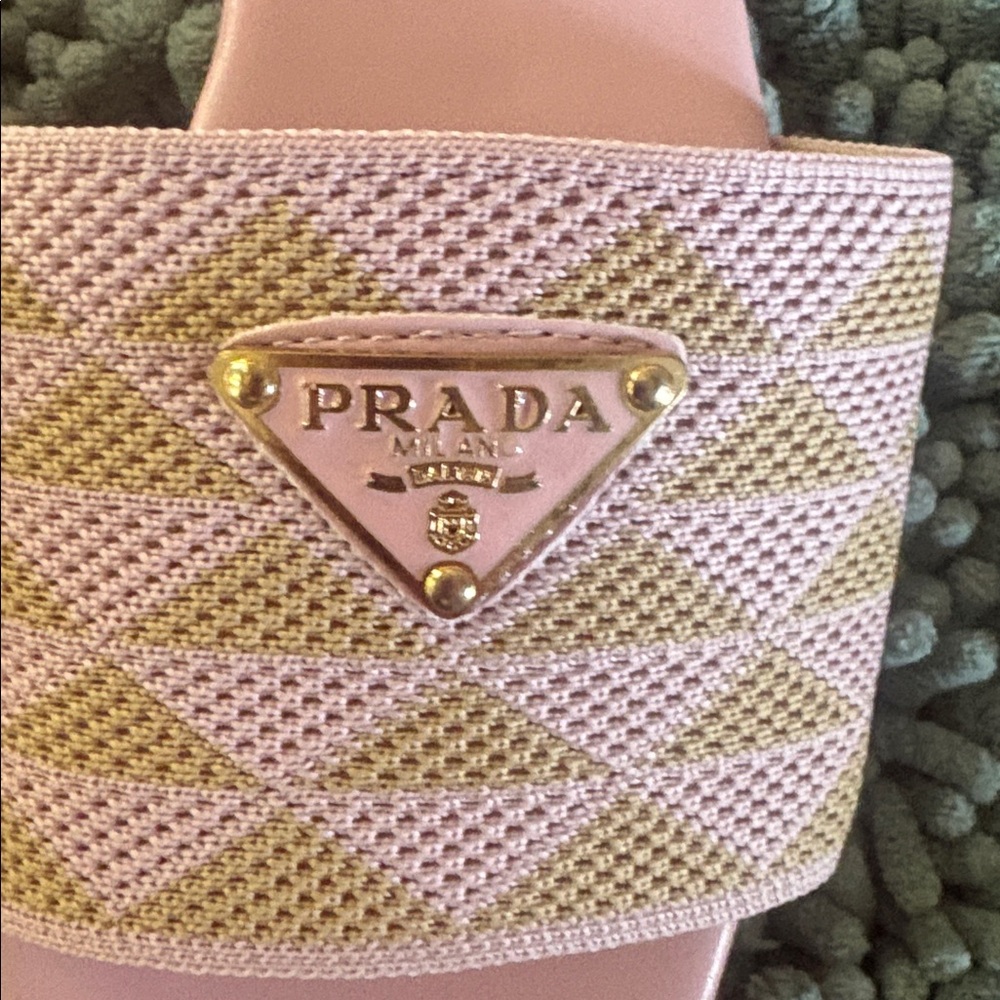 Pink Mesh Slide Sandals with Gold Logo - Picture 2 of 8